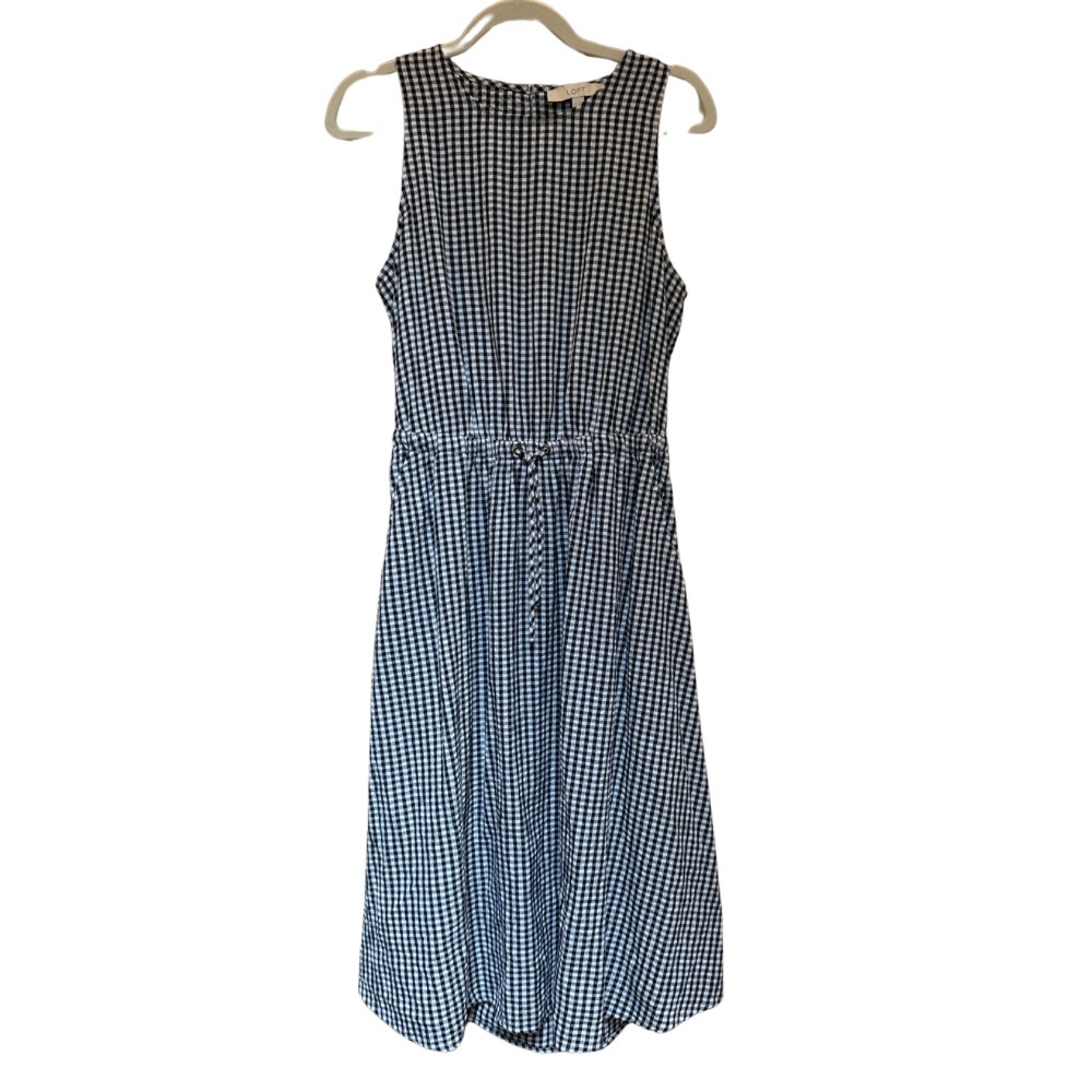 LOFT Gingham Midi Dress – Petite Medium – Crossover Back + Pockets